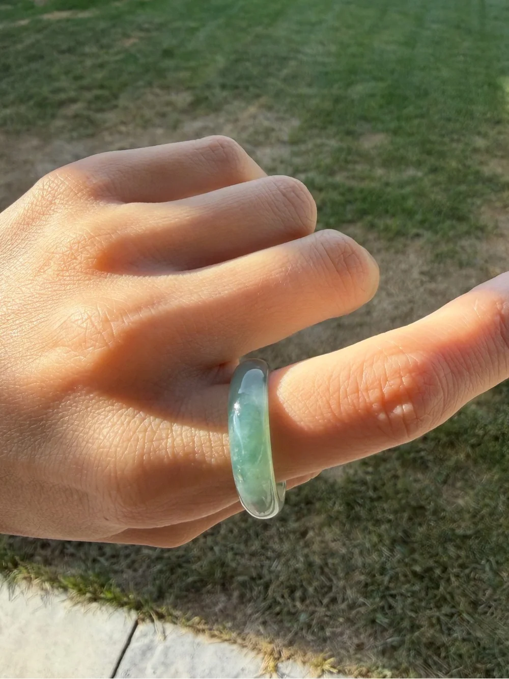 Natural Type A Burmese Icy Jadeite Solid Band Ring with Floating Green Flowers